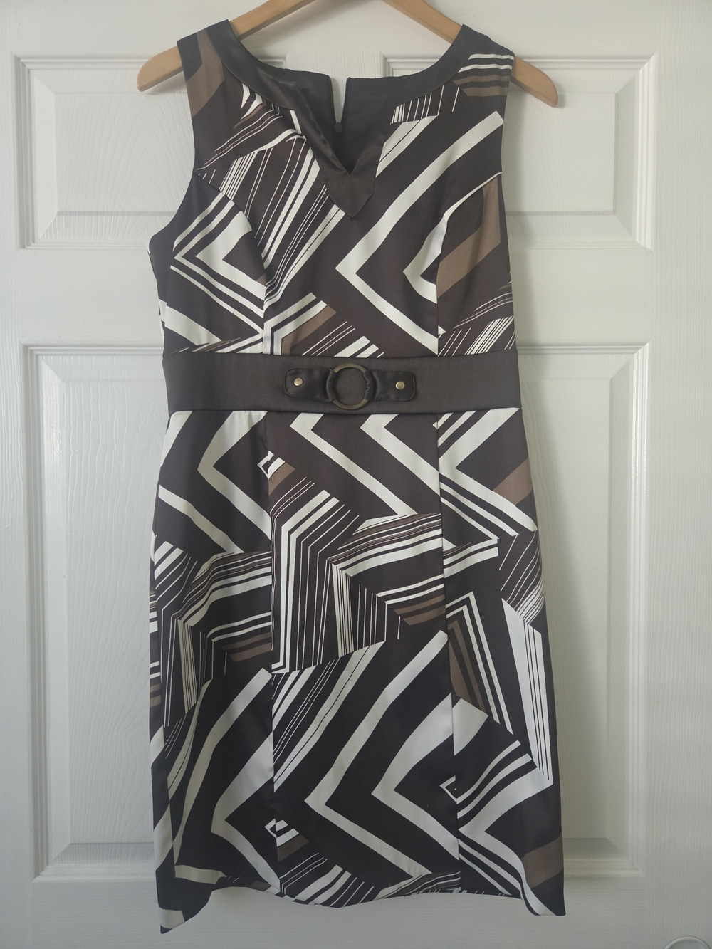 ABG Sleeveless Geometric Print Belted Dress - Brown & White Women's 10